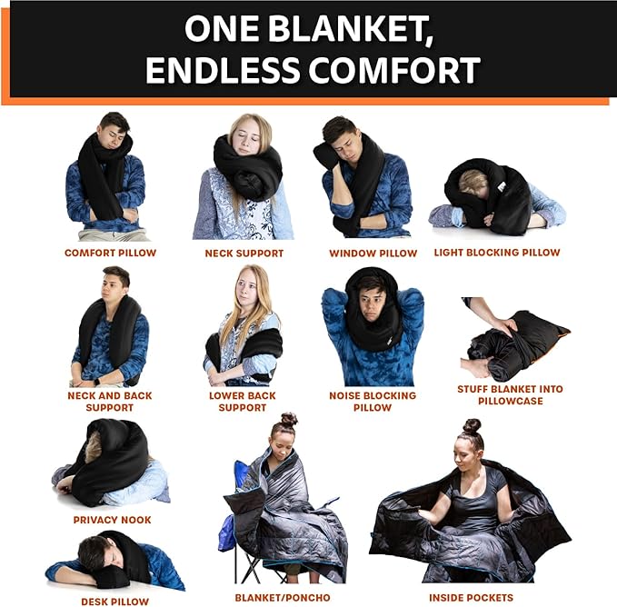 NAPRO Travel Pillow &amp Camping Blanket 3 in 1 Ripstop Nylon Infinity Pillow &amp Square Travel Pillow Cases with 82 X 54 Synthetic Down Filled Blanket/Poncho/Pillow Fill Adventure Black/Orang
