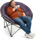 Oversized XXL Folding Round Camping ChairsComfy Padded Moon Camp ChairsHeavy Duty Supports 440 Lbs Outdoor Lawn Chairs for AdultsPerfect for IndoorFamily HikingPicnics and GardenPurple Plaid