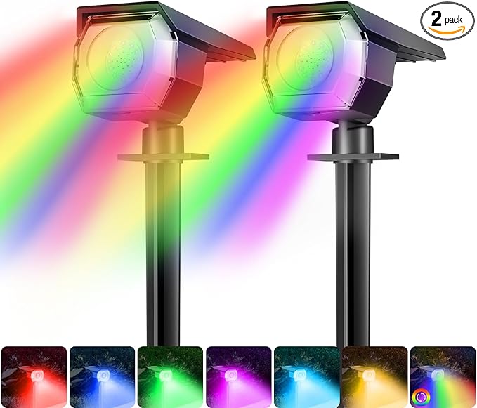 Peasur 2 Pack Solar Spot Lights Outdoor Color Changing 7 Modes Halloween RGB Solar Powered Waterproof Spotlight Landscape Lighting for Outside Yard Garden Pathway