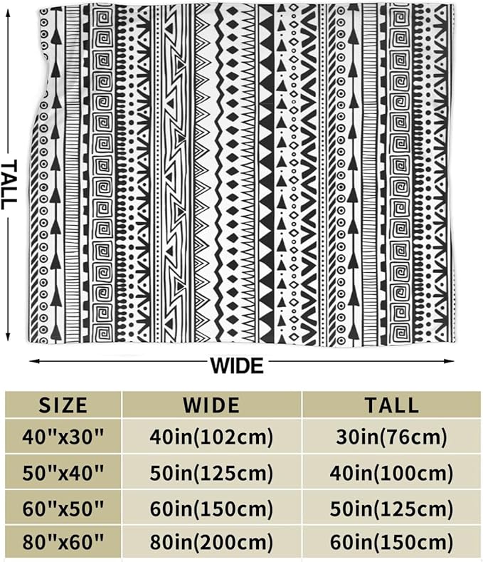 80X60 Tribal Print Black and White Aztec Pattern Boho Lightweight Flannel Blanket - Soft and Breathable Polyester Suitable for Travel Camping and Home Decoration