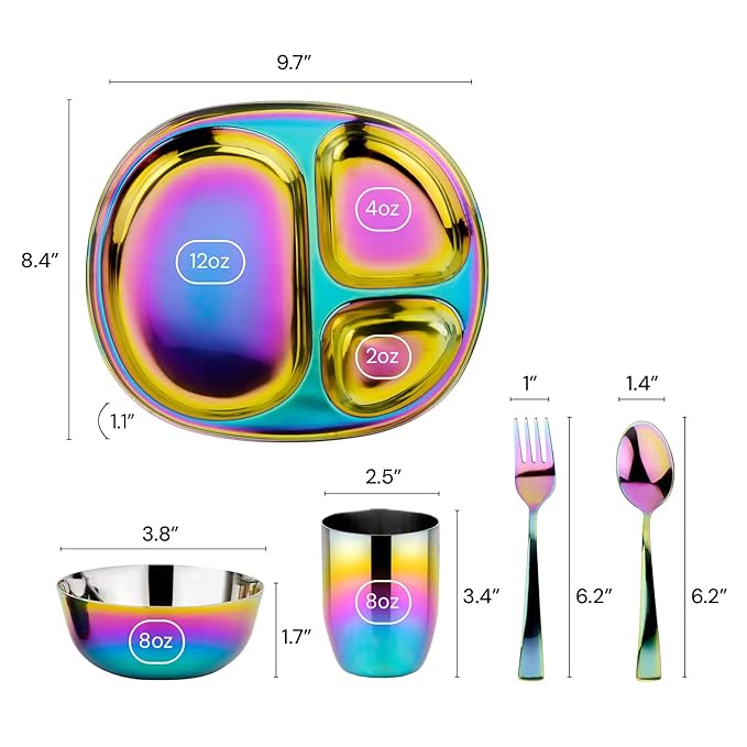 Ahimsa Stainless Steel Kids Dinnerware Set Pediatrician Designed 5 Piece Toddler Plates and Bowls Set Stainless Steel Divided Plate Cup and Kids Utensils Rainbow