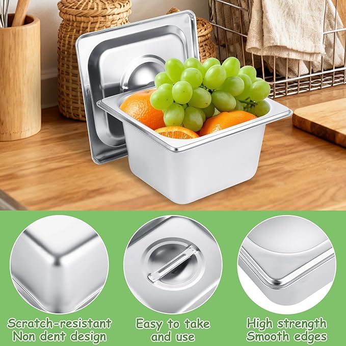 6 Set Stainless Steel Hotel Pans 1/6 Size 4 Inch Deep with Lids Steam Table Pans with Lids 4 Inch Deep 1/6 Size Stainless Steel Restaurant Pan Metal Food Pan with Lid for Hotel Buffet Home