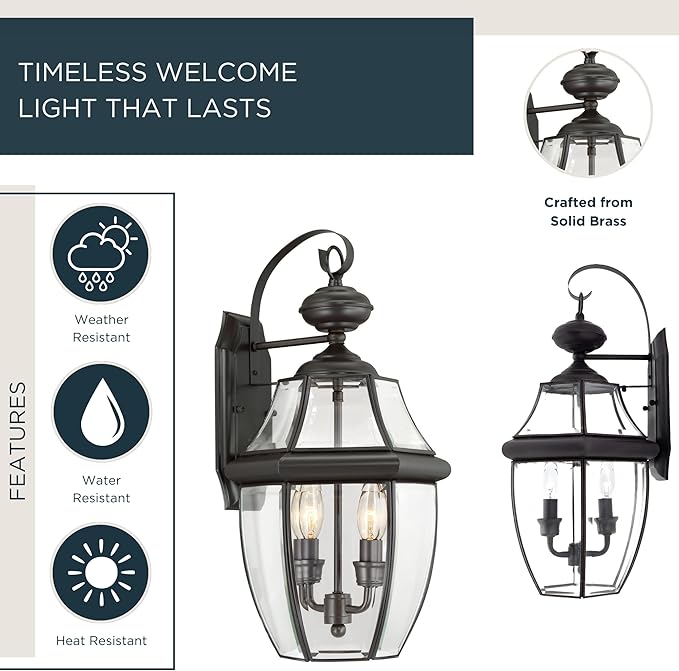 Quoizel Newbury 20 Outdoor Wall Lantern 2-Light Medici Bronze with Clear Beveled Glass E12 Base French Country Style