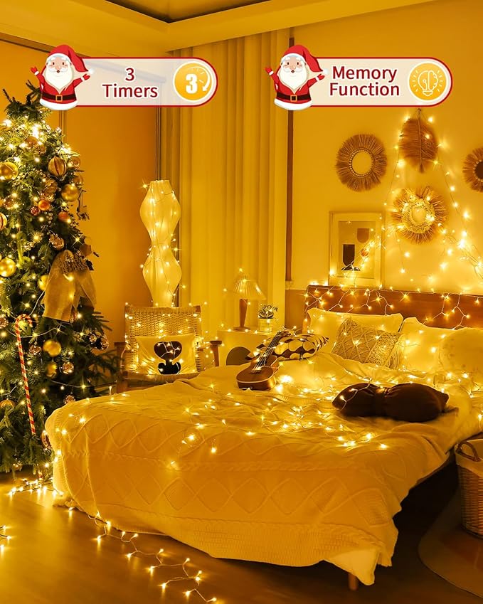 Christmas Lights String Outdoor Indoor Xmas Tree Decorations Lights Plug in Twinkle Fairy Light with Remote Timer Dimmable for Room Yard Holiday Party Wedding Decor (Warm White 108FT 300 LED)