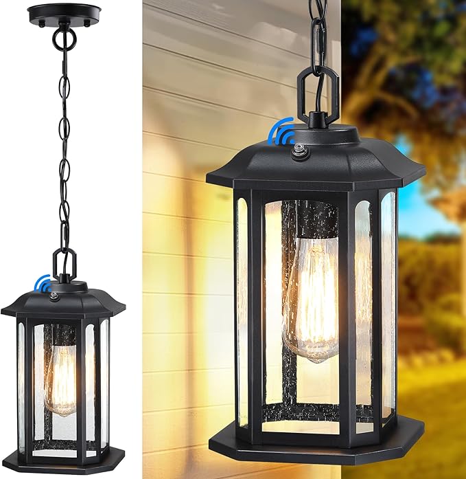 13.4'' Dusk to Dawn Outdoor Pendant Lights for Porch Black Hanging Porch Light with Seeded Glass Waterproof Outdoor Chandelier Farmhouse Ceiling Light Fixture Lanterns 1Pack
