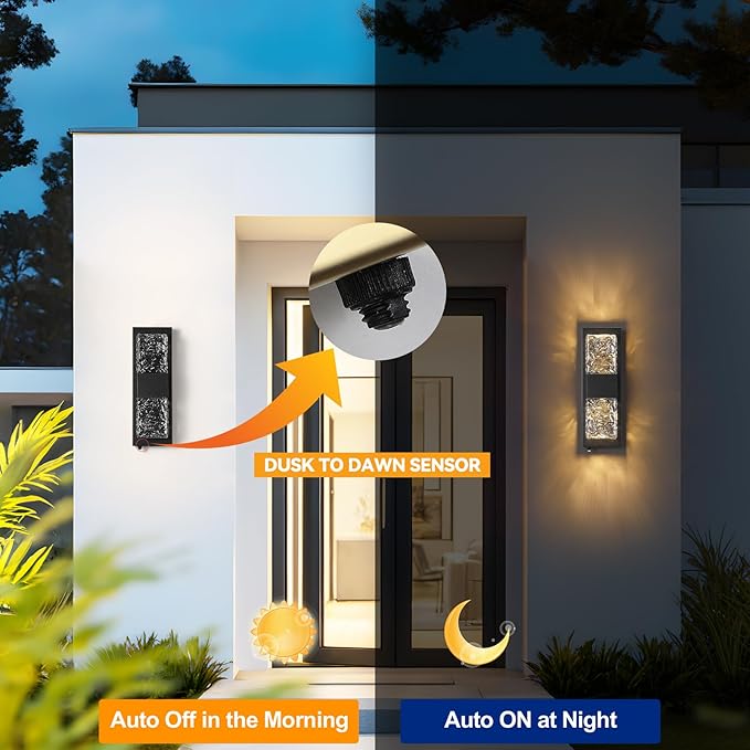 HITTO Dusk to Dawn Outdoor LightingPorch Lights Outdoor IP65 Waterproof Exterior Lighting Fixtures 12W LED Ripple Crystal Modern Outside Light for House Hallway Doorway Patio14.2'' Black 2PCS