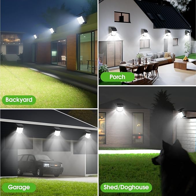 Solar Lights Outdoor Waterproof 186 Bright LEDs Dusk to Dawn Motion Security Flood Lights with Remote for Outside GarageYardPatio 4 Pack