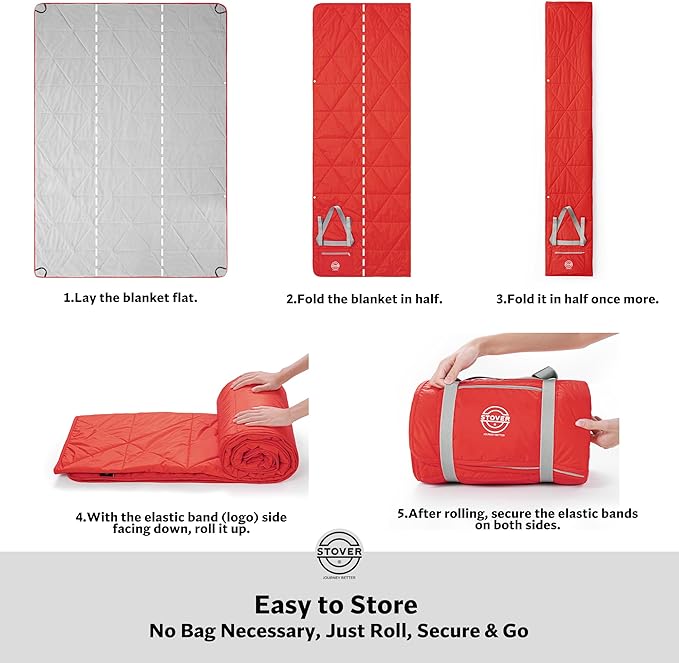 STOVER Large Waterproof Outdoor Stadium Blanket- Extra Thick Soft Fleece Camping Blanket for Travel Picnics Sports Dogs 79x55 Warm Windproof Sand-Proof Lightweight Packable (Sunset Red)
