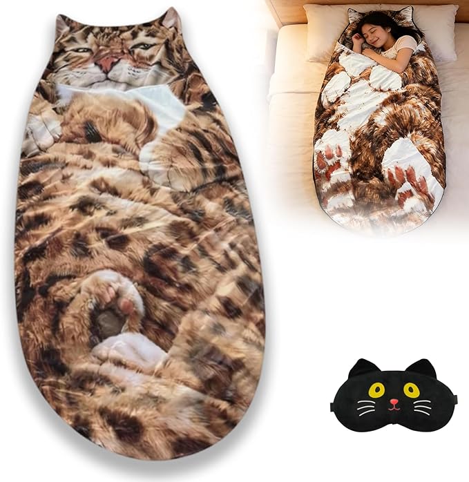Cat Sleeping Bag for Human Fluffy Cat Sleeping Bag for Adults 3D Full Wrap Warm and Comfortable Machine Washable Adorable Cats Envelope Sleeping Bed for Indoor Travel Camping Beach