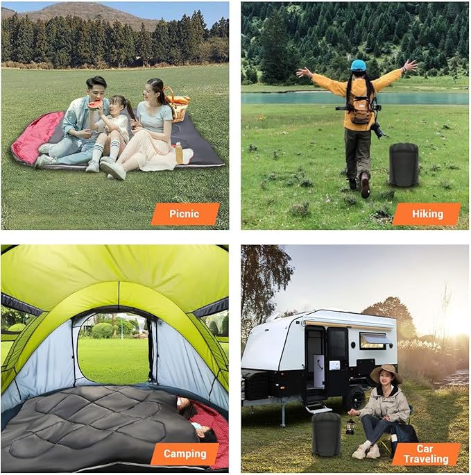 Double Sleeping Bag for Adults CampingBring Pillow XL Queen Size Sleeping Bags for 2 Person Hiking Backpacking Lightweight Waterproof with Compression Sack