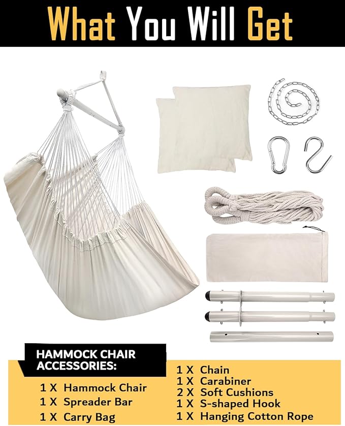 ADVOKAIR Hammock Chair Large 70.9x47.2 32% Bigger XXL Hanging Swing Chair with 500lbs Capacity Heavy Duty Steel Spreader Bar Extra Roomy Comfort for Adult Indoor Outdoor Bedroom Patio