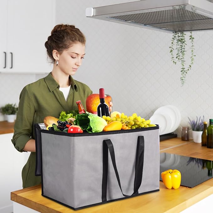 12 Pcs Large Insulated Food Delivery Bag Bulk XXXL Reusable Grocery Bags Foldable Catering Insulated Cooler Bag with Sturdy Handles for Takeout Shopping Camping Warmer/frozen(Gray)
