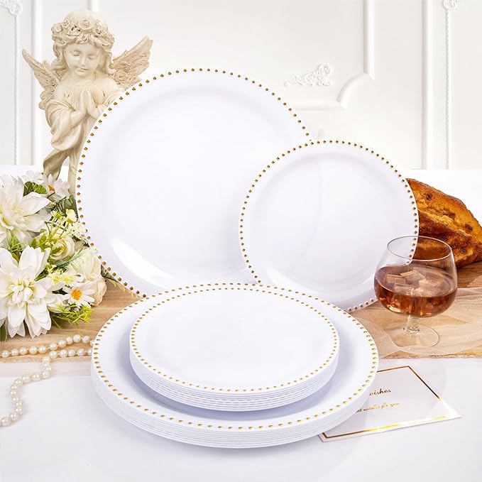 Rubtlamp 60Pcs White Gold Plastic Plates White Disposable Plates With Gold Beaded Heavyduty Plastic Plates Include 30 Dessert Platos 30 Dinner Platos for Party