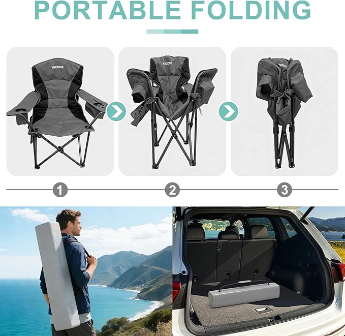Oversized Camping Chairs 2 Pack - 450lbs Support Folding Camping Chair for Adults w/Padded Back &amp Arm Sport Chairs Cup Holder Cooler Bag Heavy Duty Portable Lawn Chairs for Sports Garden Beach