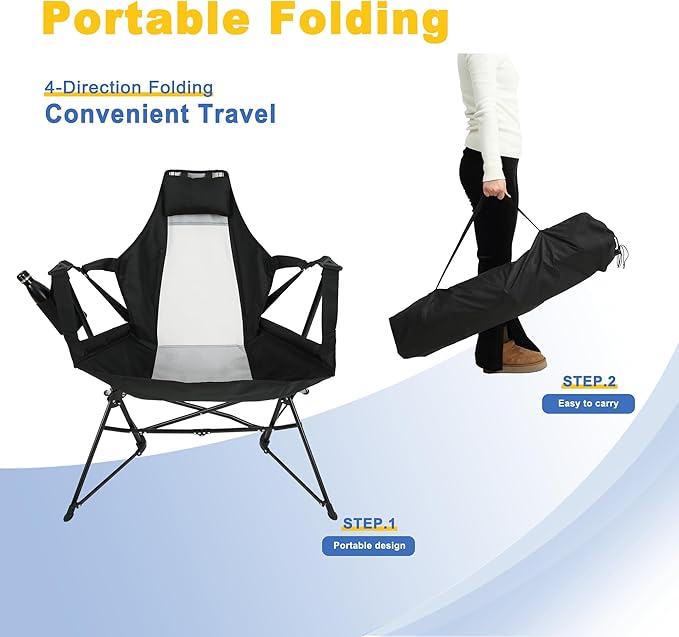 Hammock Camping Chair Portable Chairs with Pillow Cup Holder and Carry Bag Lightweight Foldable Chair for Outside Camping Hiking Travel Beach and Sports (Black)