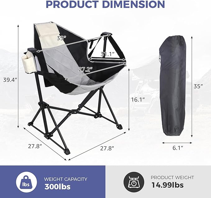 Hammock Camping Chair with Adjustable Backrest Portable Folding Rocking Camping Chair with Ergonomic Seat &amp Padded Headrest Ideal for Camping Travel Tailgating Black &amp Beige 2 Pack