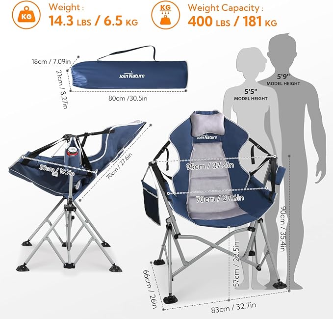 Oversized Hammock Camping Chairs Folding Swing Chair with 1-Step Design Swinging Hammock Chair with Adjustable Backrest Lumbar Support &amp Headrest for Outdoor&ampIndoor Support 400LBS Blue