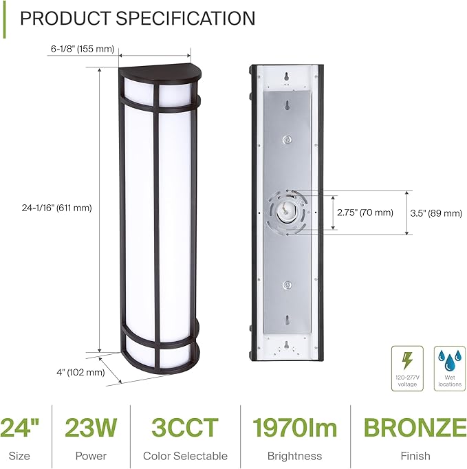 ASD LED 24 Half Cylinder Wall Light Fixture Outdoor Patio Sconce | 3CCT Stainless Steel Waterproof Energy Star ETL Listed | 24W 1970LM 3000-5000K 100-277V | Exterior Lighting | Dark Bronze