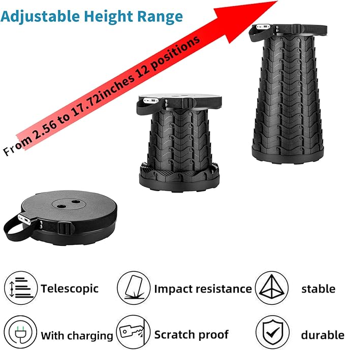 Portable Telescopic Stool with Mobile Charger 4400mAh Collapsible Stool Built-in Phone Charger for iPhone Android Foldable Seat for Camping Hiking Fishing Picnic Max Load 400lbs