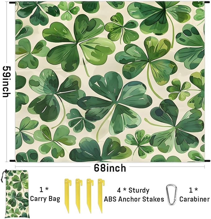 Waterproof Sandproof Beach Blanket 59''×68'' Four-Leaf Clover Polyester Outdoor Picnic Blanket with 4 Stakes &amp Storage Bag for BeachCampingVacation Greener
