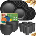 Teivio 32-Piece Kitchen Plastic Wheat Straw Dinnerware Set Service for 8 Unbreakable Modern Dish Set - Dinner Plate/Dessert Plate/Cereal Bowl/Cup for Apartment Essentials Outdoor CampingBlack