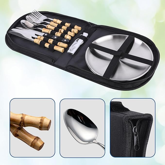 Outdoor Camping Silverware 10Pcs Set Stainless Steel Outdoor Camping Mess Kits Includes Forks Spoons Knives Fork Spoon Dish and Cap Opener Plates - Portable Cutlery Bag