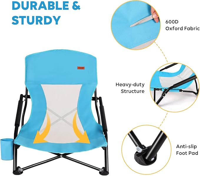 TOBTOS Low Beach Chair for Adults 2 Pack Low Profile Folding with Cup Holder &amp Carry Bag Heavy Duty Chair for Outdoor Sand Camping Concert Travel