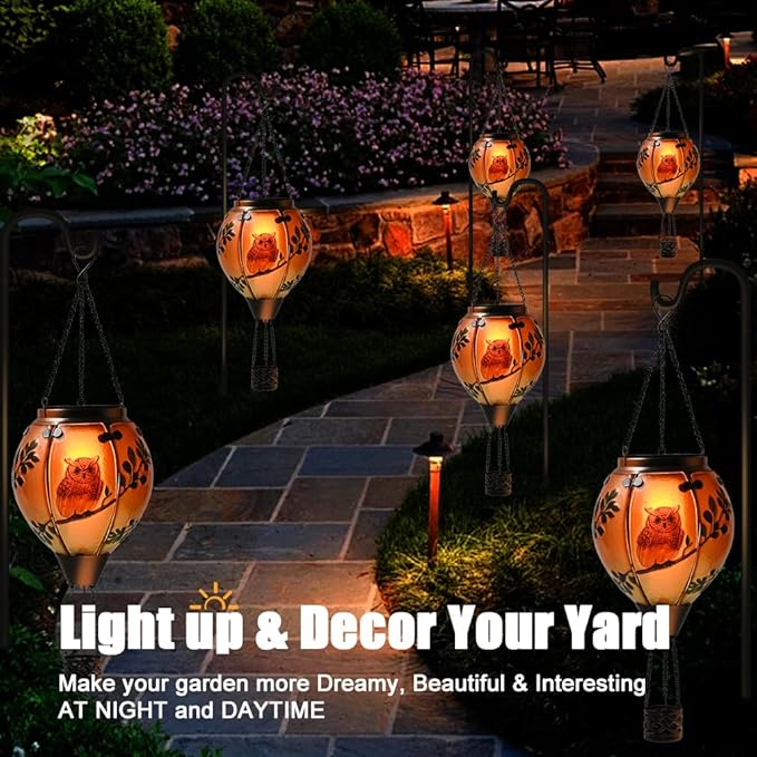 Hot Air Balloon Solar Lantern - Owl Stained Glass Lantern Simulated Flickering &amp Dancing Flame Outdoor Hanging Yard Light Waterproof IP65 for Patio Lawn Porch Decor Gift