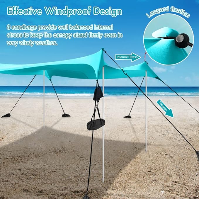 Beach Shade Windproof Design Sun Shelter UPF50+ Portable Family Canopy Tent with 8 Sandbag Anchors 10x10 FT 4 Poles Pop Up Outdoor Shelter for Beach Camping Fishing Backyard and Picnics