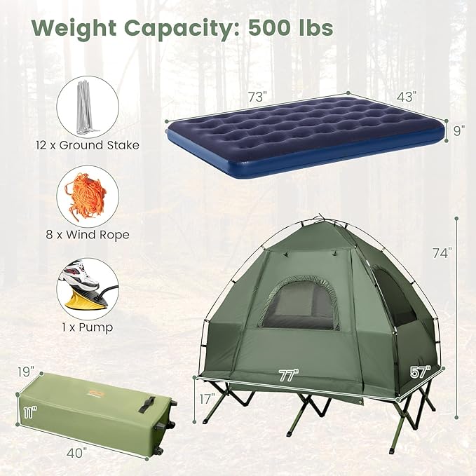 Goplus Camping Tent Cot 5-in-1 Folding Camping Bed with Air Mattress Pillow Sleeping Bag Waterproof Elevated Tent Shelter Portable Outdoor Sleeping Cot with Carry Bag for Picnic Trip