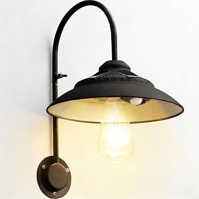 Goodeco Solar Barn Light with Motion Sensor - Metal Design Outdoor Lights - 4 High Efficiency Solar Panels with Clear Glass LED Edison Bulb Perfect Chicken Coop Light &amp More (Black)