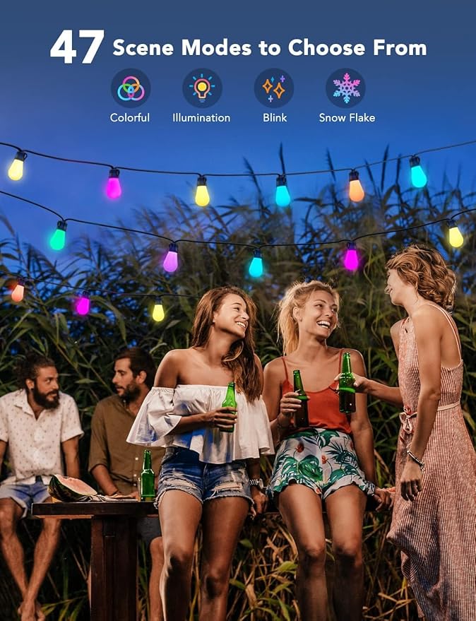 Govee Smart Outdoor String Lights H7029 24ft RGBIC Outdoor Lights with 8 Dimmable LED Bulbs IP65 Waterproof Color Changing Warm White Lights with 47 Scene Modes for Patio Backyard App Control