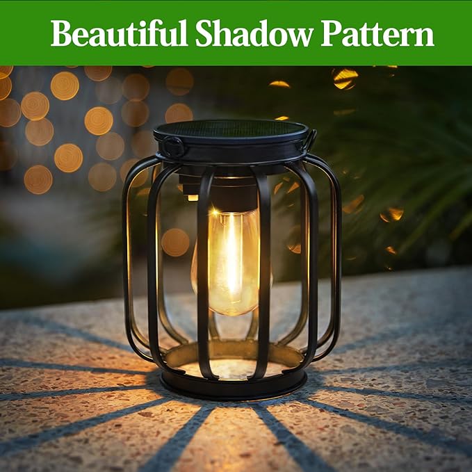 Solar Hanging Lanterns Outdoor: 2 Pack Metal Solar Hanging Lights with Hook Bright - Warm Waterproof LED Lanterns for Outside Classic Decorative Solar-Powered Light for Yard Garden Patio Porch Decor
