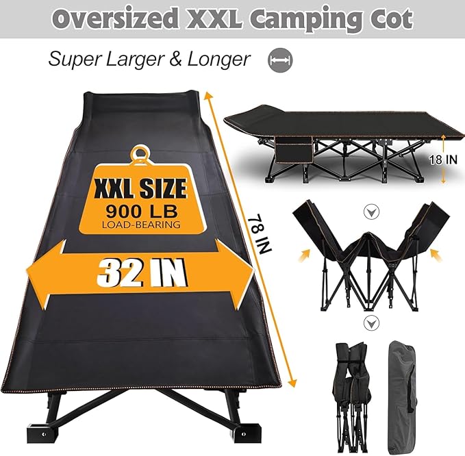 ABORON XXL Camping Cot with 2in Memory Foam Trifold Mattress 900LBS Heavy Duty Sleeping Cot for Adults Extra Wide Sleeping Cot 1200D Double Layer Oxford Cot for Camping Guest Office Nap