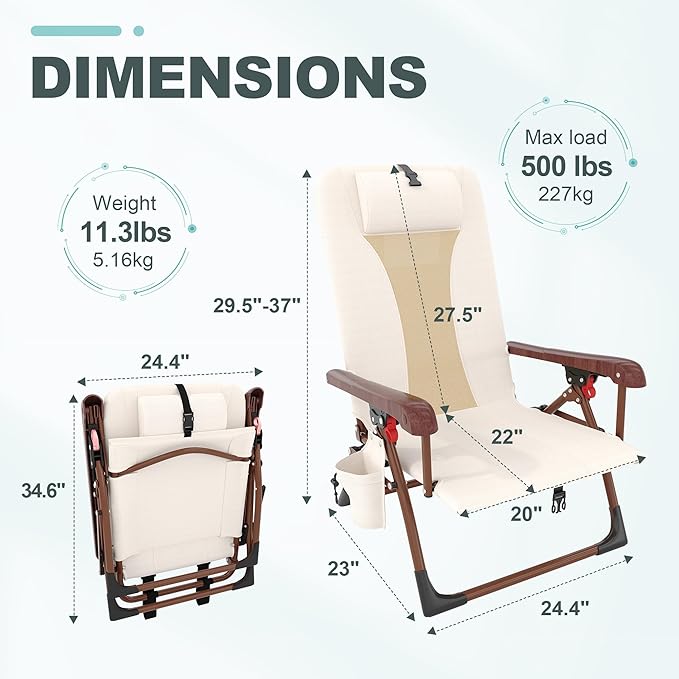 Portable Backpack Beach Chair for Adults-Folding Camping Chair with Storage Pouch &amp Cup Holder Adjustable Lounge Chairs for Outdoor Travel Picnic Park and Fishing
