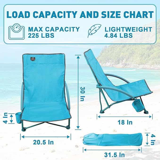 2 Pack Low Beach ChairFolding Recliner Camping Chair for AdultsLightweight Backpacking Low Seat Camping Chairs with Cup HolderCarry Bag for Outdoor Camp Lawn Picnic FestivalBlue