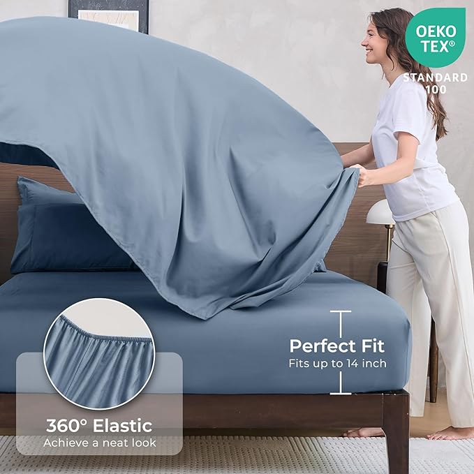 HEVUMYI Dusty Blue Cali-King Comforter Set - 7-Piece All Season Bed in a Bag Cali-King Ultra Soft Bedding Set with Comforter Flat Sheet Fitted Sheet Pillowcases Pillow Shams