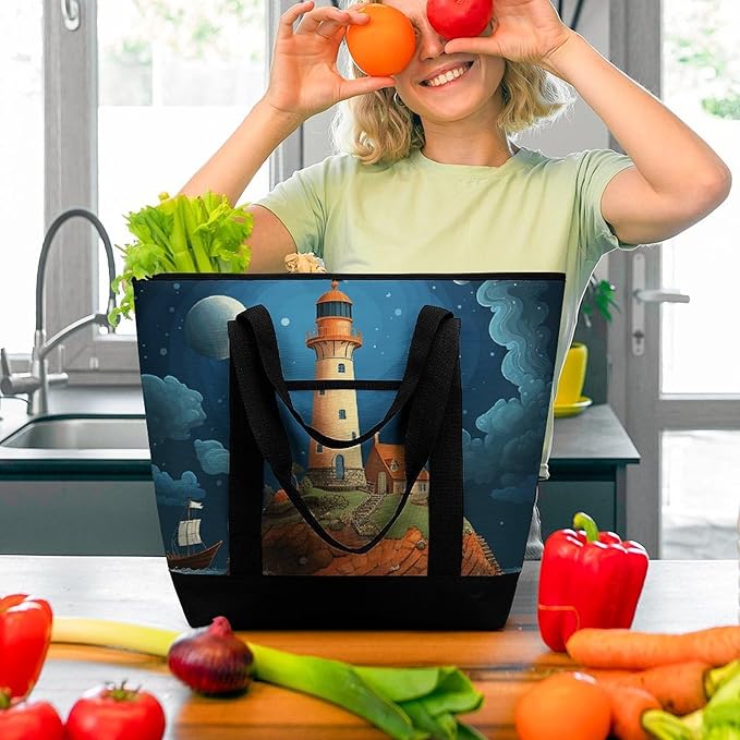 Insulated Shopping BagLarge Reusable Cooler Bags Catoon Whale Lighthouse Printed Foldable Shopping BagTravel Waterproof Shoulder Bag
