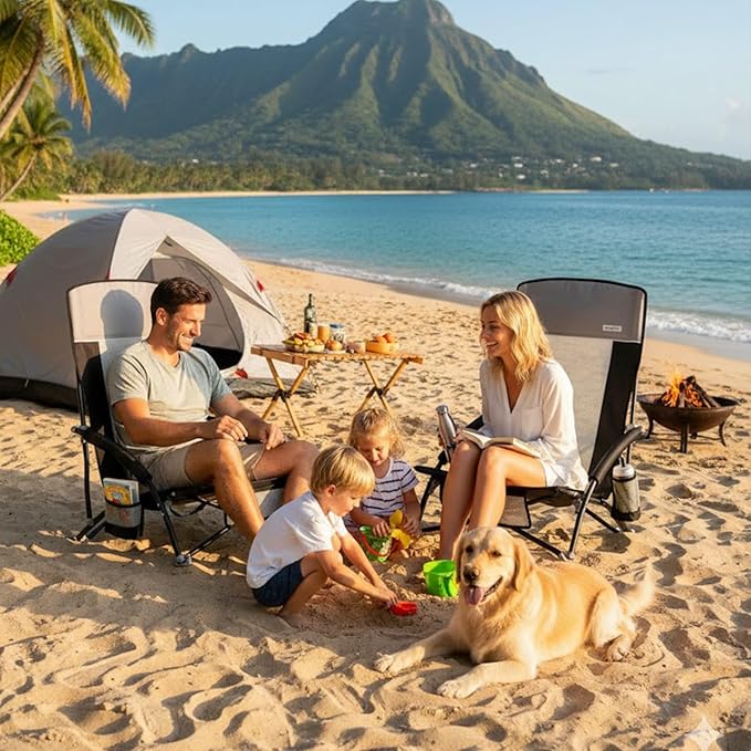 SUNNYFEEL Folding Beach Chair High Back Beach Chairs for Adults Lightweight Portable Camp Chair 300lbs Heavy Duty with Carry Bag Mesh Back Cup Holder for Outdoor Travel Picnic Concert Black