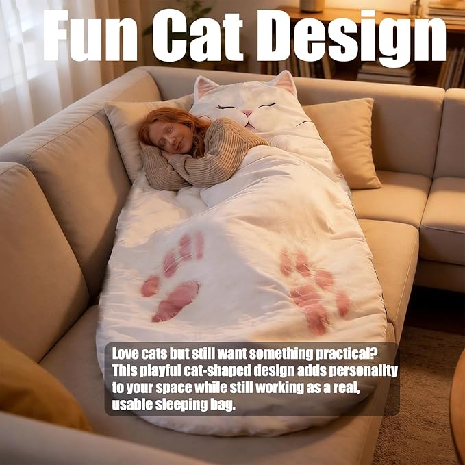 Cat Shaped Plush Sleeping Bag for Adults 69 Foldable Cat Envelope Style Lounge Blanket Soft and Washable Easy in and Out for Camping Travel or Relaxing at Home