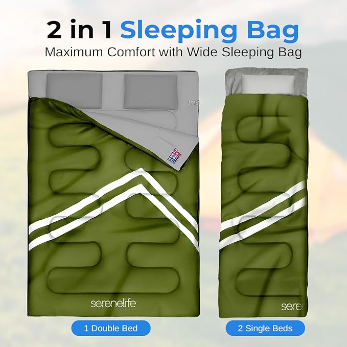 SereneLife Double Sleeping Bag with Pillows Waterproof &amp Detachable for 2 Single Bags Lightweight &amp Warm Perfect for Camping Hiking Backpacking and Cold Weather Suitable for Temperature