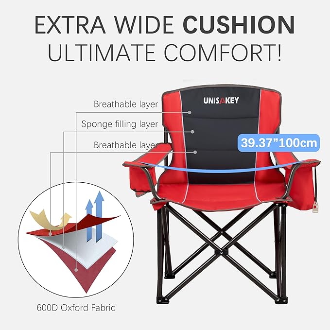 Oversized Folding Camping Chair for Adults - 450lbs Support - Heavy Duty Portable Lawn Chairs with Side Pocket Cup Holder Cooler Bag for Sports Garden Beach Fishing Red 2 Pack