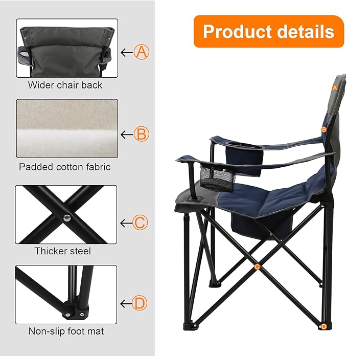 Oversized Folding Camping ChairHeavy Duty Padded Portable Lawn ChairSoft&ampComfortableTear-Resistant Fabricw/2Extra Large Cup HolderStorage PocketCarry BagOutdoor Beach Garden Fishing.Dark Bl