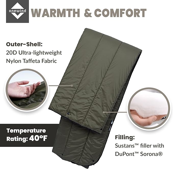 onewind Camping Blanket Recycled Nylon Fabric Dupont Sorona Fillings Warm Puffy Breathable Windproof Packable Lightweight Camping Quilt for Outdoor Hiking Backpacking Travel Beach