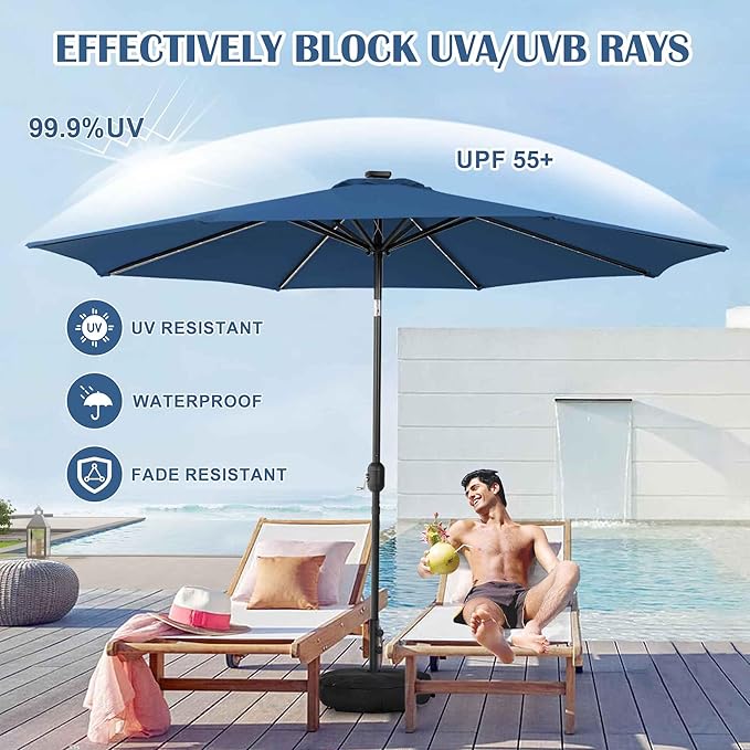 Sundale Outdoor Olefin 5-Year-Non-Fading Solar 80 LED 9 FT Solar Patio Umbrella with Sand Bag Base Outdoor Umbrella with Tilt and Crank Navy