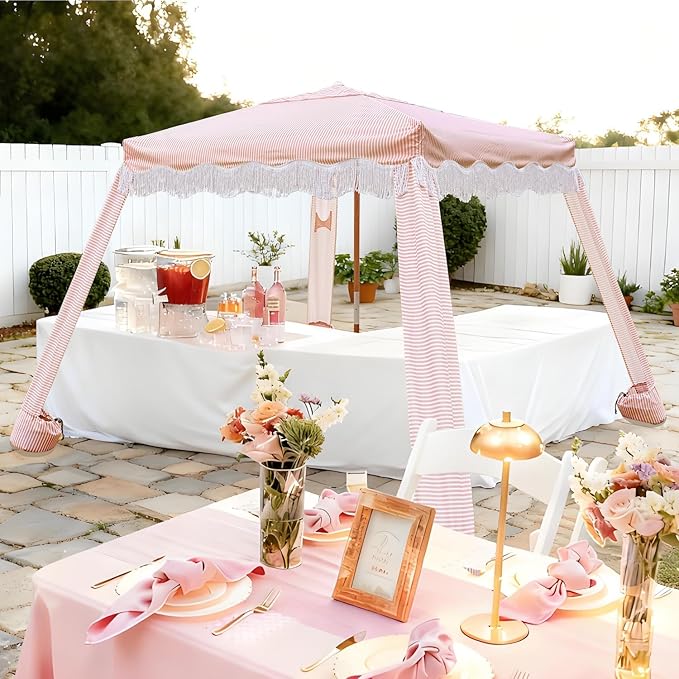 AMMSUN Beach Cabana with Fringe 6.5' x 6.5' Boho Beach Canopy with Tassels Easy Set up &amp Premium Wood Pole Cabana Tent with Sand Pockets Instant Sun Shade for Sand Garden Patio Pink Stripes