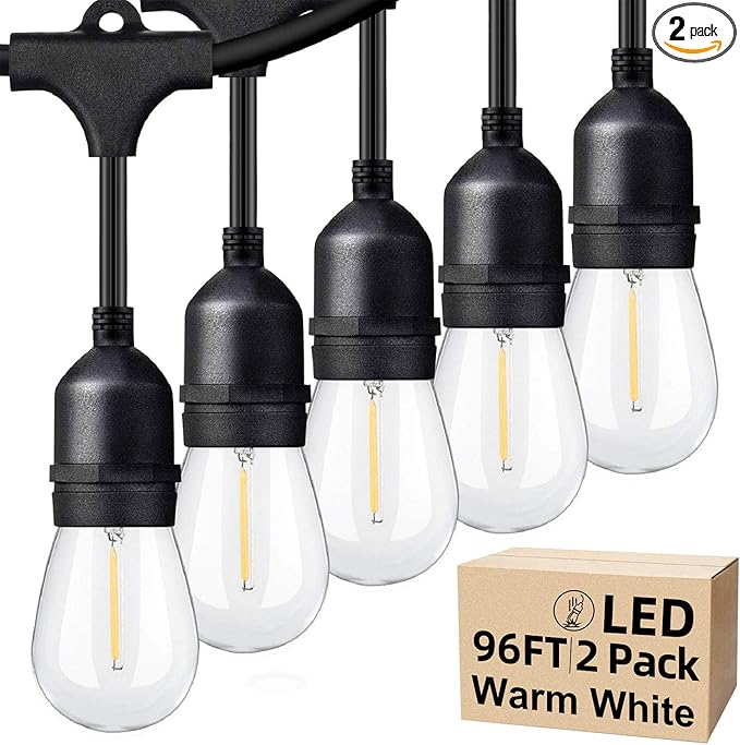 Lakumu Outdoor String Lights 96FT(48×2) Commercial Grade Heavy Duty Patio Lights with Dimmable S14 Shatterproof LED Bulbs Linkable Waterproof Bistro Lights for Outside Deck Backyard Cafe Market