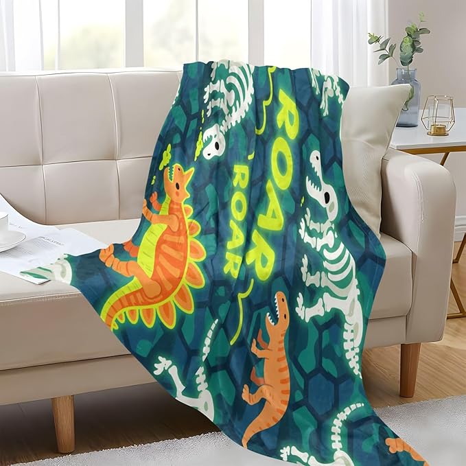 Throw Blankets For Women Roaring T-rex Skull Ankylosaurus Rock Texture Fluorescent Yellow Green Blankets And Throws 50x70