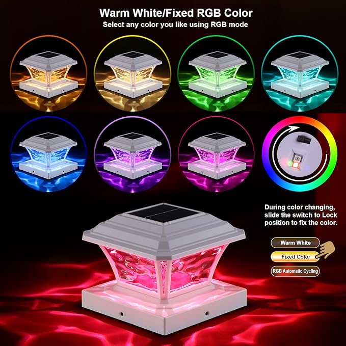 Solar Post Cap Lights Warm White/RGB Automatic Cycling/Fixed RGB Color 9 Colors to Choose 20 Lumens Fence Post Solar Lights for 3.6x3.6 4x4 4.5x4.5 5x5 Wooden/Vinyl Posts White 6 Pack