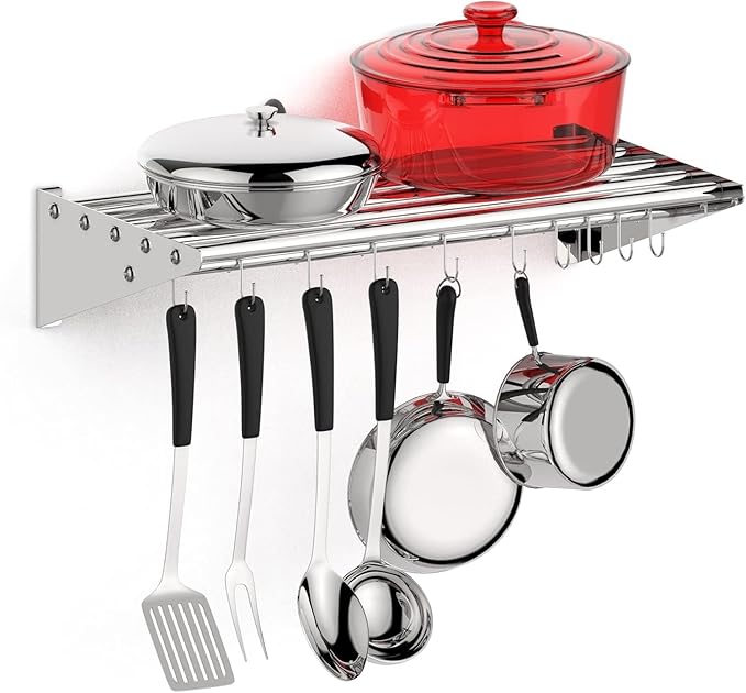 Floating Shelves for Wall NSF Commercial Wall Shelf 12 x 24 Shelf Pot Rack with Backsplash &amp 10 Hooks Stainless Steel Floating Shelves for Hanging Pots Pans Cookware